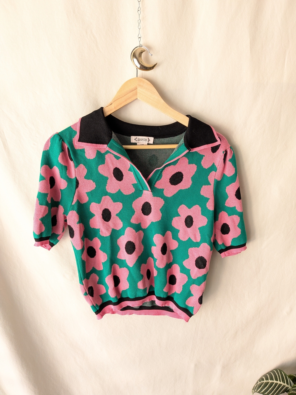 Nanette Lepore Teal & Pink Knit Polo Top with Black Trim